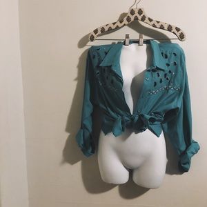 VINTAGE teal HAND BEADED long sleeve button up